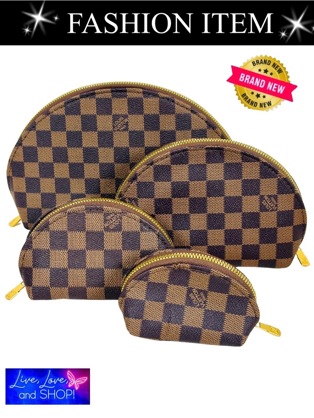 Source Unknown Brown and Dark Brown Checkered Cosmetic Bag Set